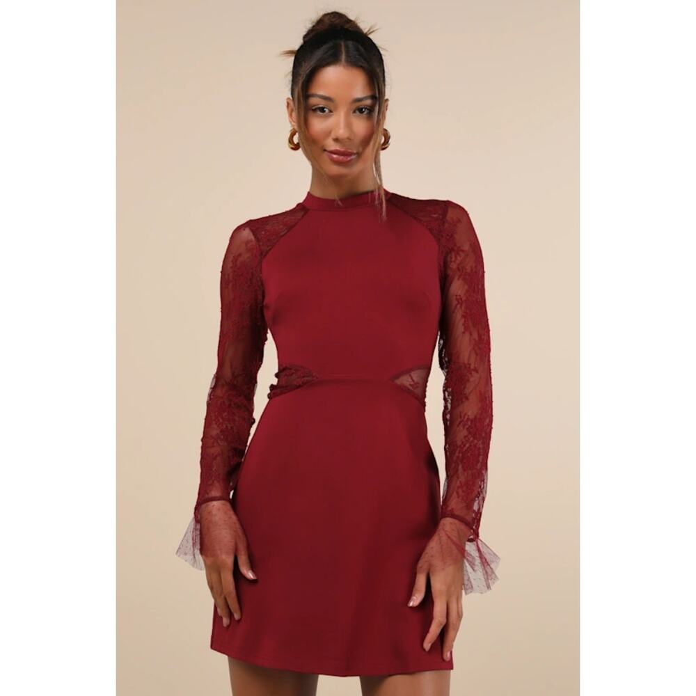 NWT Lulus Bragging Rights Burgundy Lace Long Sleeve Skater Dress Party Size XS